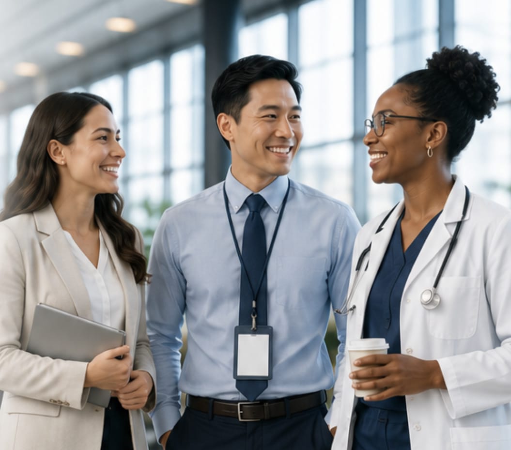Three professionals, including a doctor with a stethoscope, stand together indoors, smiling and talking. One holds a tablet, another wears a badge, and the third holds a coffee cup.