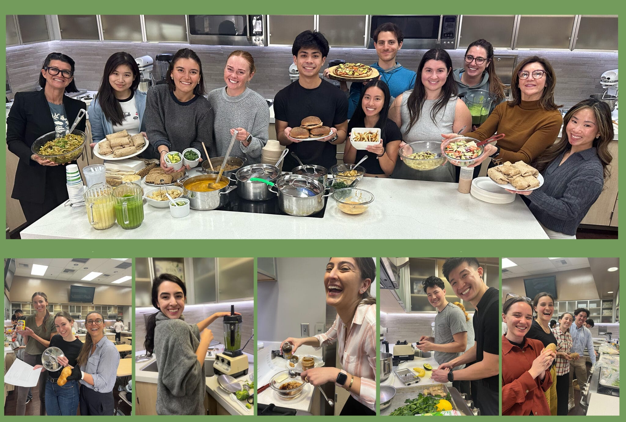 A group of people in a kitchen pose with various prepared dishes; smaller photos below show them cooking, plating food, and smiling during the activity.