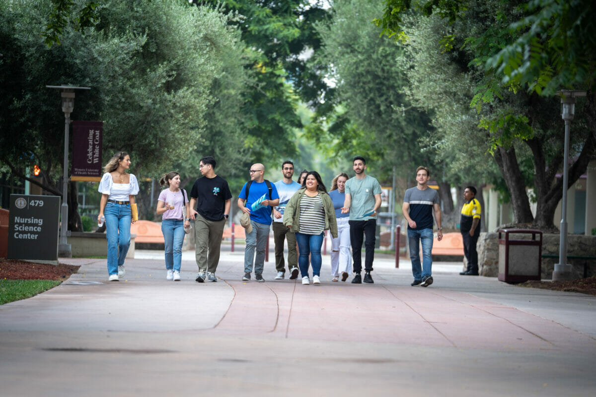 CPM and COMP students during the scavenger hunt walking the Esplanade from station to station or touring the Sarkaria Family Patient Simulation Suite.