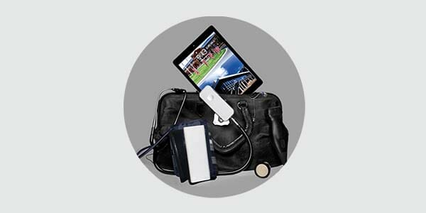 grpahic of black leather bag with stethoscope, and ipad