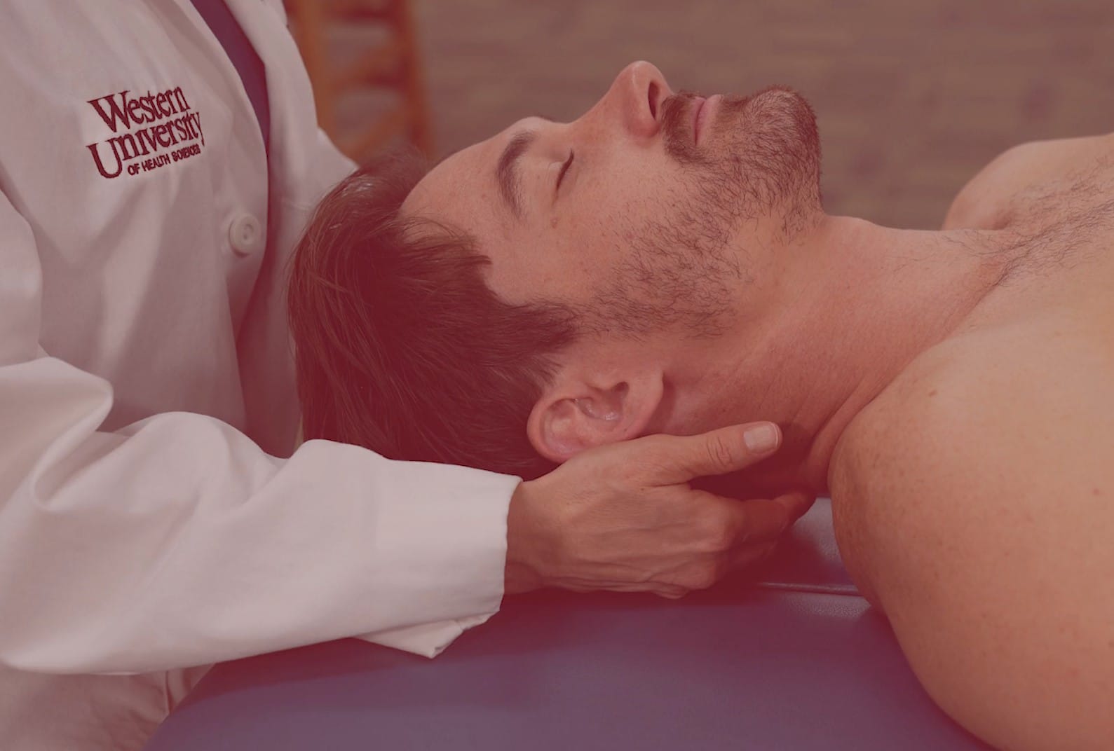 A healthcare professional performs a neck examination on a reclining patient. The provider’s coat reads "Western University of Health Sciences.