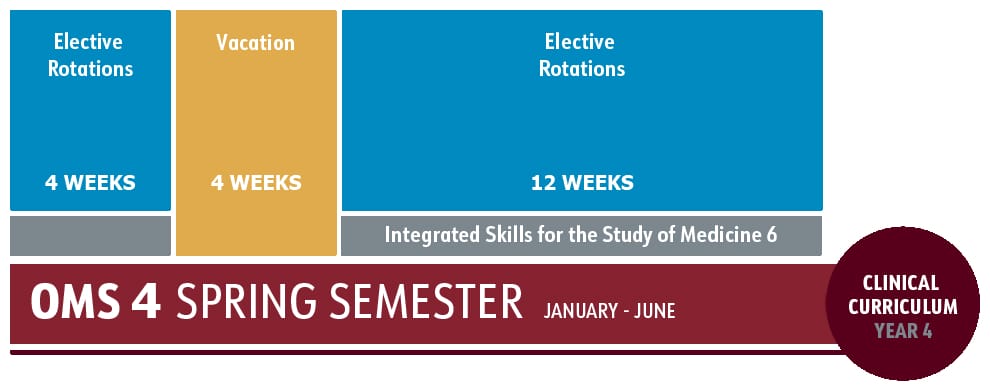 A timeline showing OMS 4 spring semester: 4 weeks elective rotations, 4 weeks vacation, 12 weeks elective rotations, with an integrated skills course, for clinical curriculum year 4.