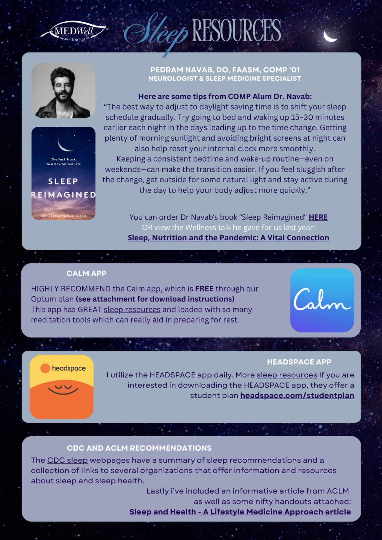 Informational flyer featuring sleep medicine specialist Dr. Navab, book "Sleep Reimagined," and tips for better sleep, including apps Calm and Headspace, and CDC and ACLM recommendations.