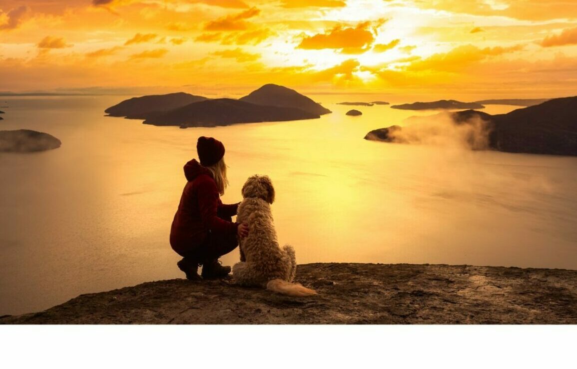 woman, dog, mountain, sunset