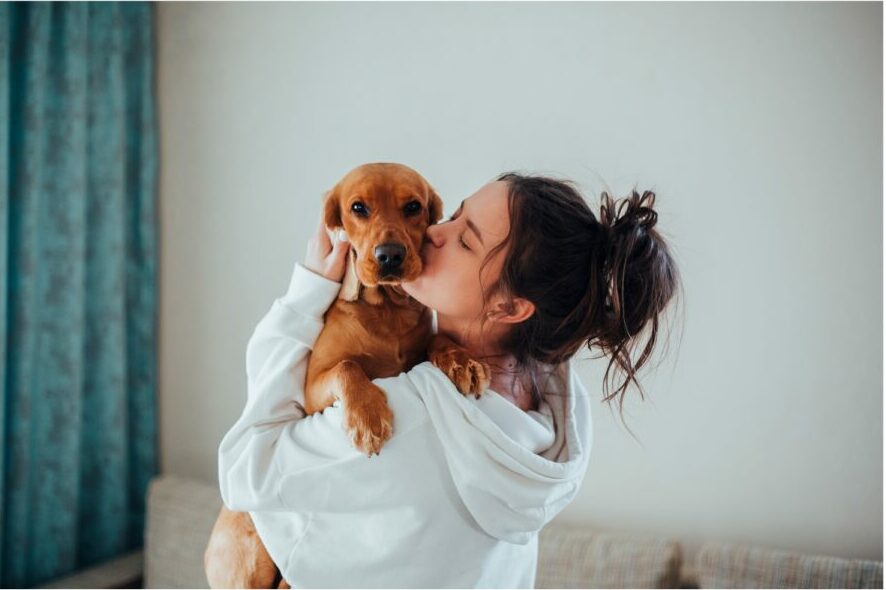 woman, dog, living room