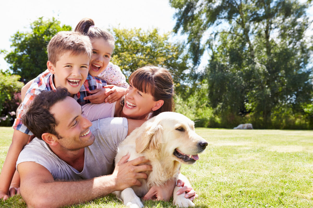A family laying on the grass with a dog.