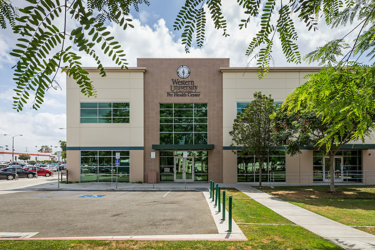 The front of a building with a parking lot and trees.