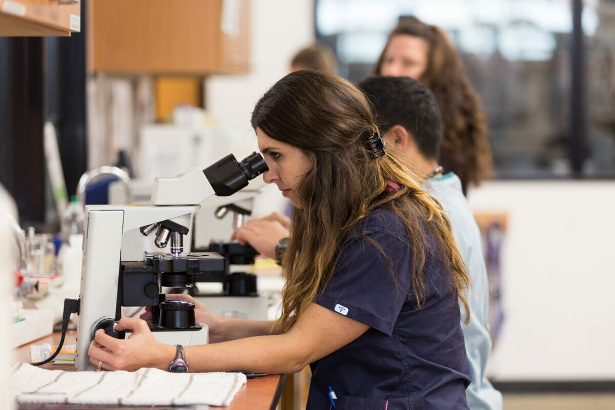 Students, microscopes, lab.