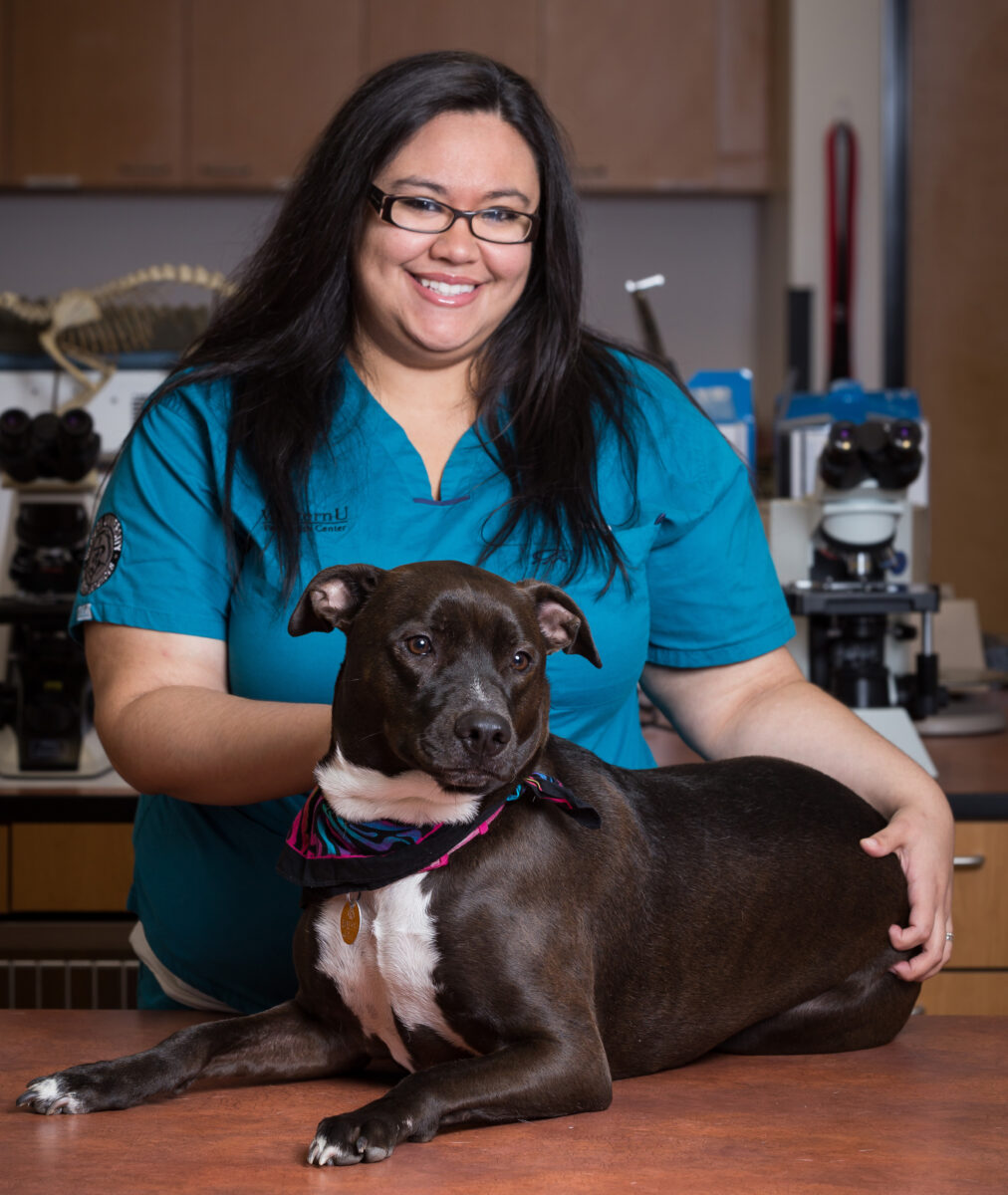 Clinical Front Desk Receptionist/Cashier Christa Hooker holding a dog with medical equipment in the background