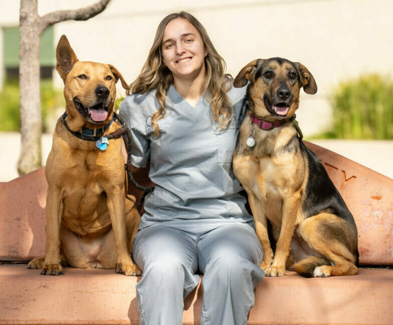 Animal Care Assistant Grace Weber sitting with her two pet dogs on a bench outside the PHC
