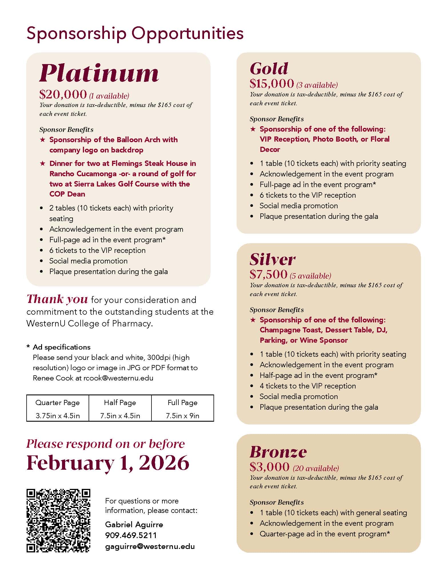 Sponsorship opportunities flyer listing Platinum, Gold, Silver, and Bronze tiers with benefits, ad specs, pricing, and response deadline of February 1, 2026.