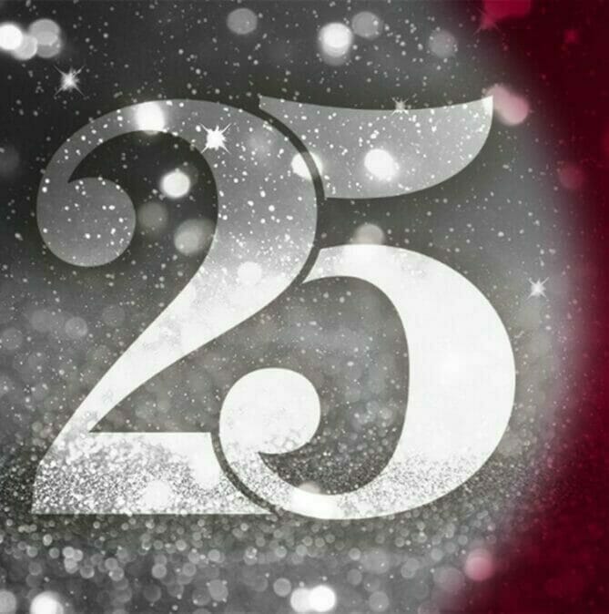 Graphic of the number 25 in silver with glitter