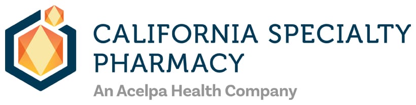 Logo of California Specialty Pharmacy, an Acelpa Health company, featuring a geometric hexagonal icon with orange shapes next to the company name in blue text.