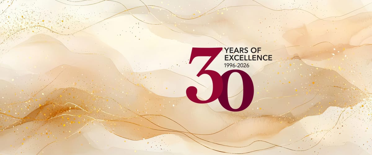 Beige marble background with gold accents and large text reading "30 Years of Excellence 1996-2026" in the center.