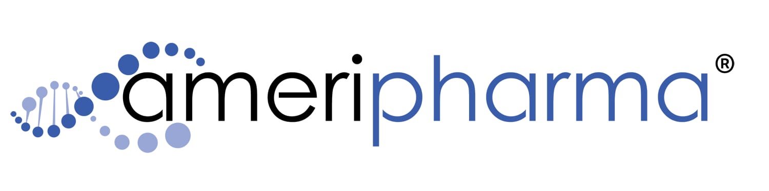 AmeriPharma logo featuring the brand name in black and blue letters with a stylized DNA helix design on the left.