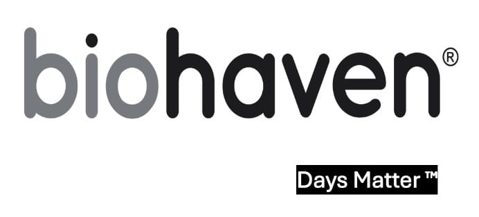 Biohaven logo in grayscale with the words "Days Matter™" in white text on a black background in the lower right corner.