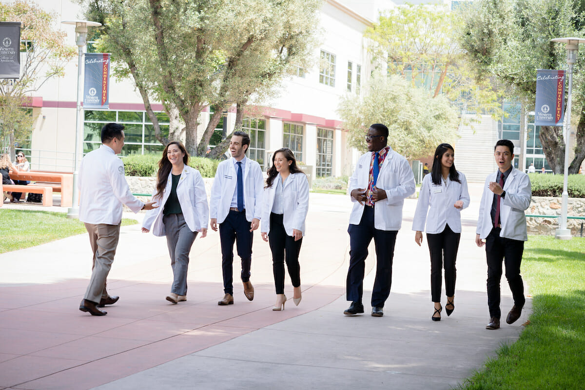 Seven Pharmacy students walking on the Pomona campus esplanade