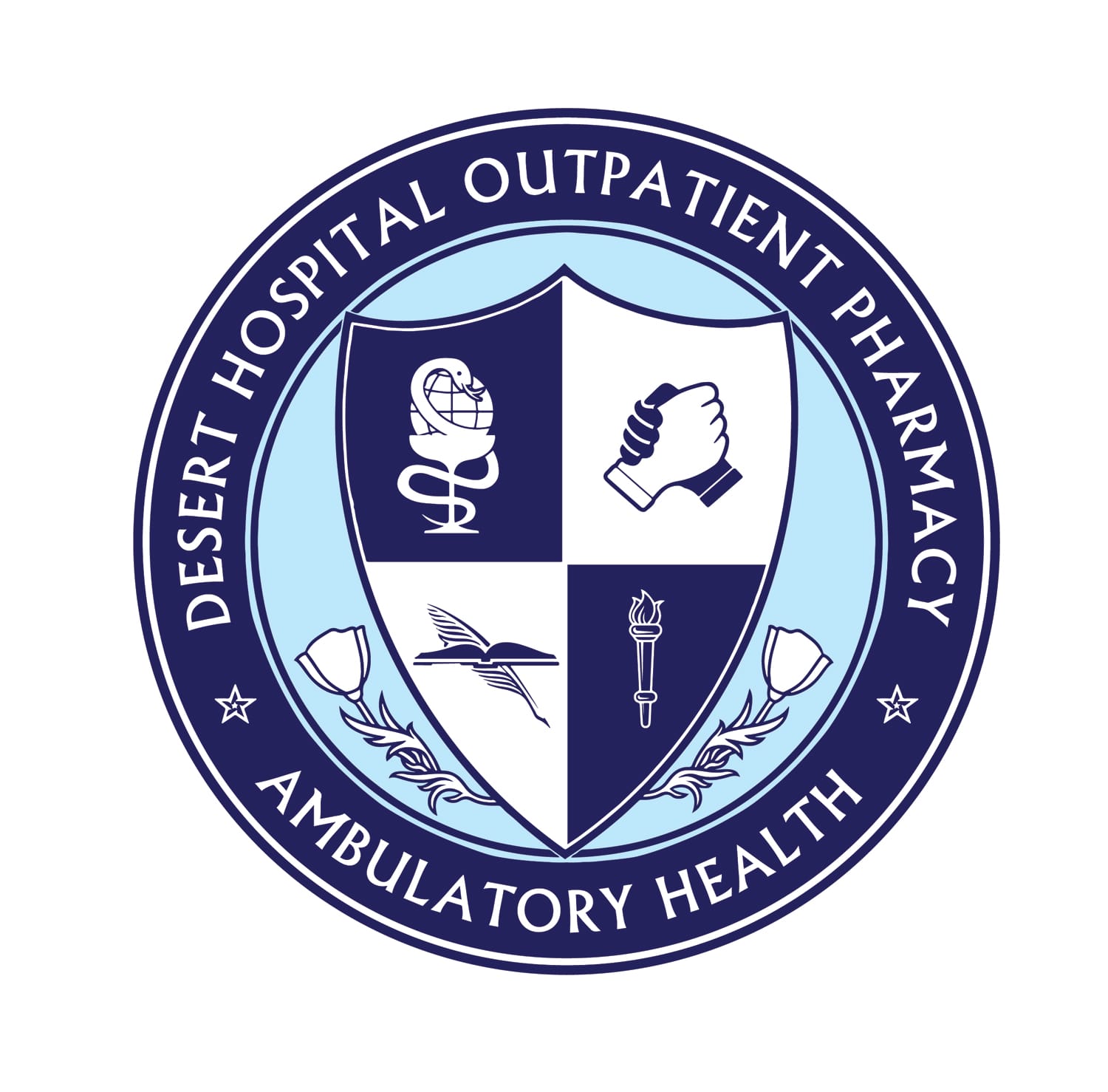 A circular blue and white emblem for Desert Hospital Outpatient Pharmacy, Ambulatory Health, featuring a shield with symbols: caduceus, handshake, torch, and an open book.