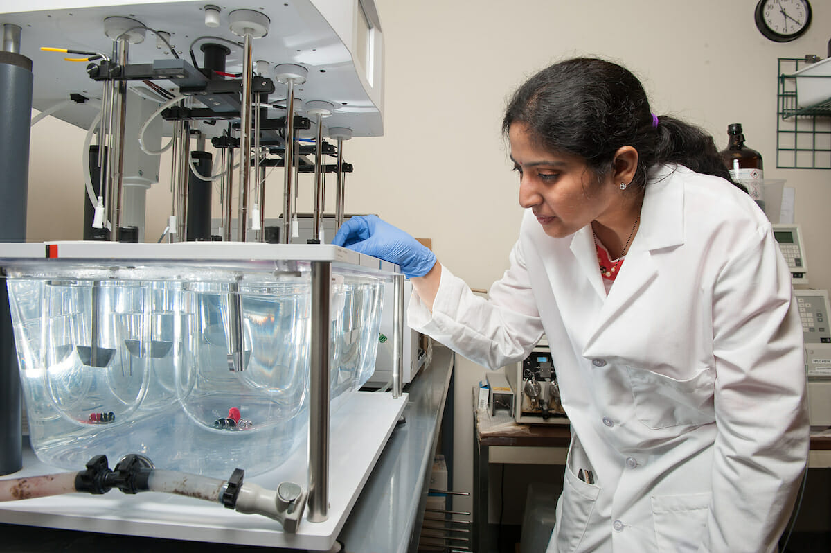 MSPS student Priyanka Kunamaneni is working in a lab associated with novel formulation development of various drug molecules to augment their oral bioavailability. Proliposomal drug delivery is one such approach, which can bypass the presystemic first pass metabolism and enhance the oral bioavailability of highly metabolized drugs. Proliposomal drug delivery also results in drug targeting, protection of drugs from degradation in the GIT, lower drug dose, which will rule out related side effects. (Jeff Malet, WesternU)