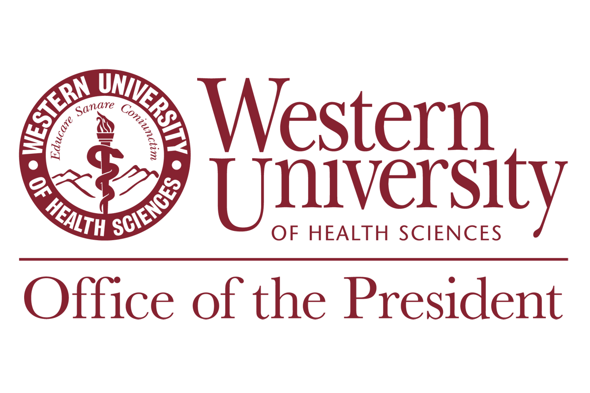Western University of Health Sciences logo and seal with the text "Office of the President" in maroon on a white background.