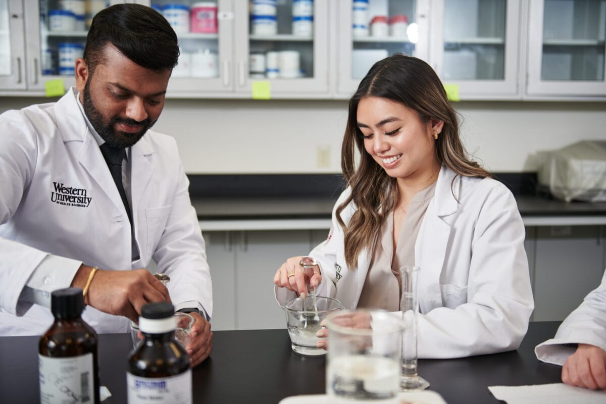 Two scientists in white lab coats are conducting experiments in a laboratory. The man on the left is stirring a substance, and the woman on the right is preparing a mixture in a mortar and pestle.