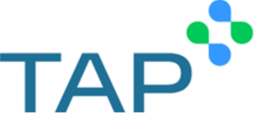 Logo with the word "TAP" in blue capital letters next to a plus symbol made of two blue and two green rounded shapes.