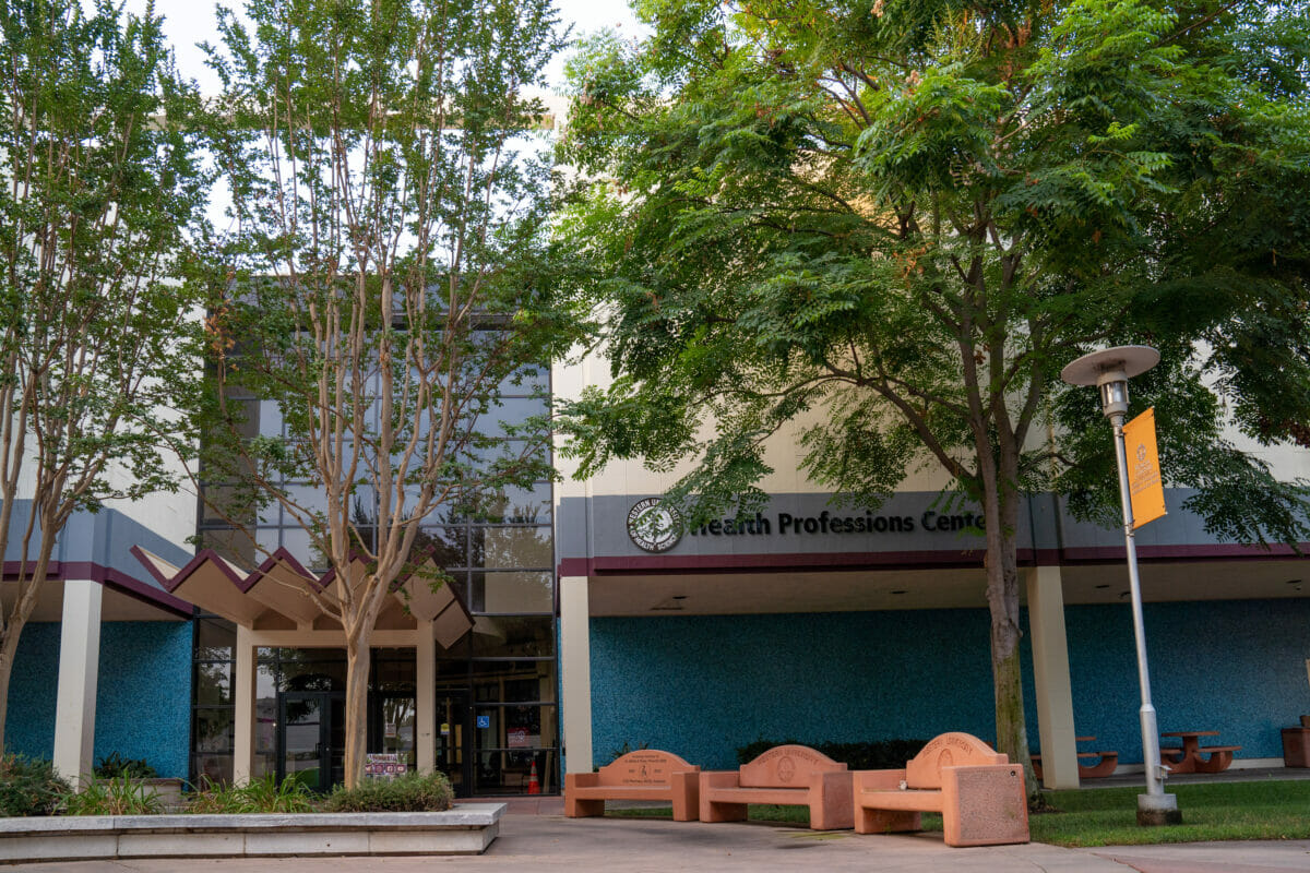 Outdoor still photo of the Health Professions Center entrance on Pomona campus