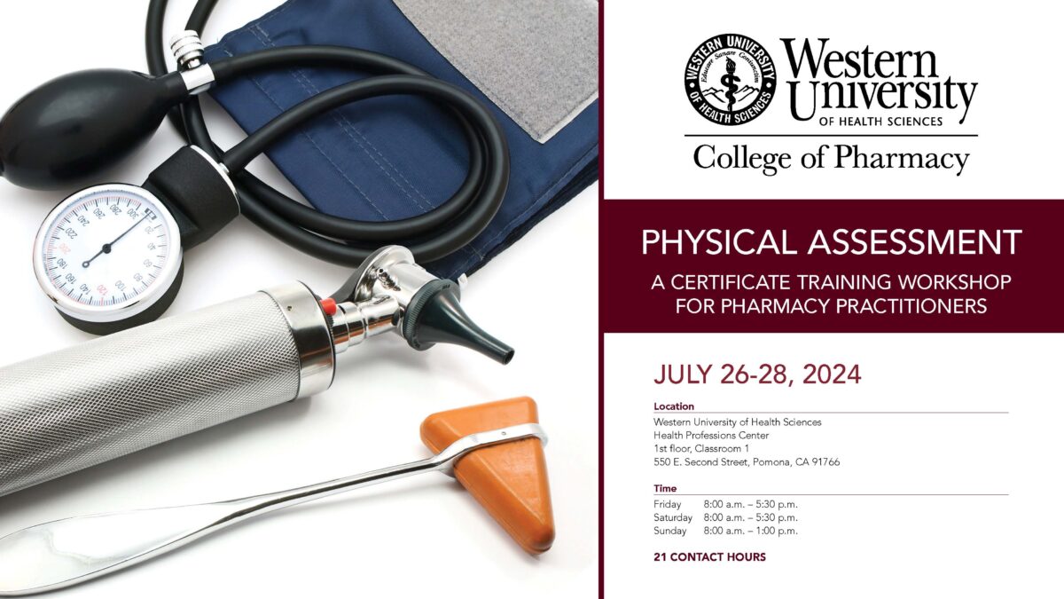 Medical tools including a stethoscope, sphygmomanometer, and otoscope on a table next to a workshop flyer for western university college of pharmacy.