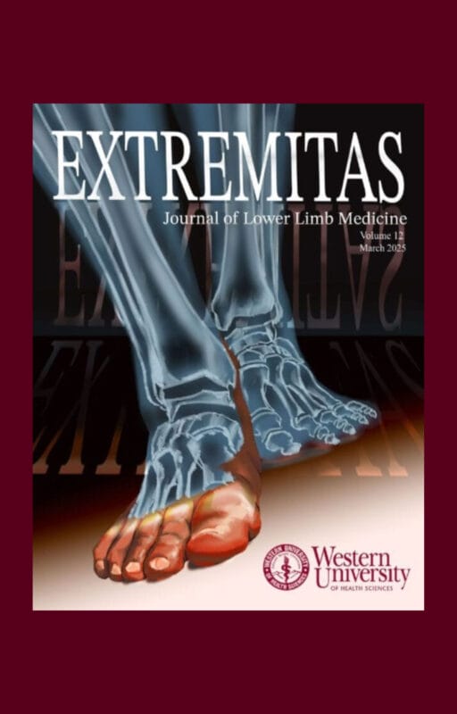 Magazine cover titled "Extremitas: Journal of Lower Limb Medicine" featuring an illustration of human feet with an X-ray overlay. Western University logo at the bottom. Volume 12, March 2025.