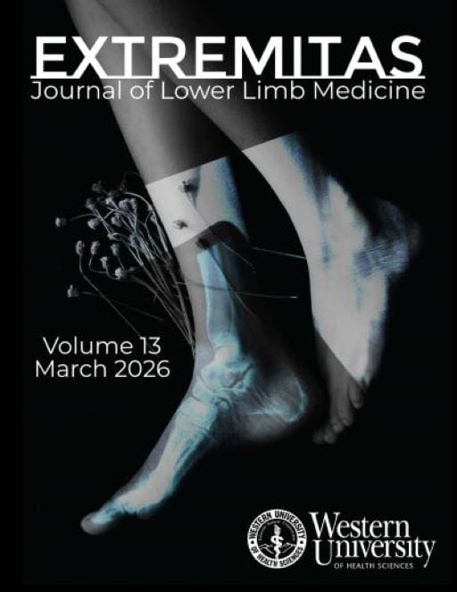 Magazine cover titled "Extremitas: Journal of Lower Limb Medicine" featuring an illustration of human feet with an X-ray overlay. Western University logo at the bottom. Volume 13, March 2026.