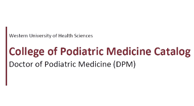 Text reads: "Western University of Health Sciences College of Podiatric Medicine Doctor of Podiatric Medicine (DPM) 2025/2026 Catalog.
