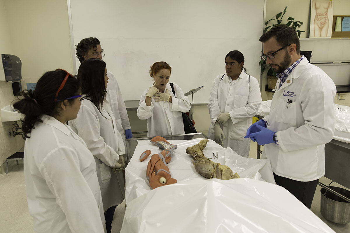 A group of people standing around a cadaver.