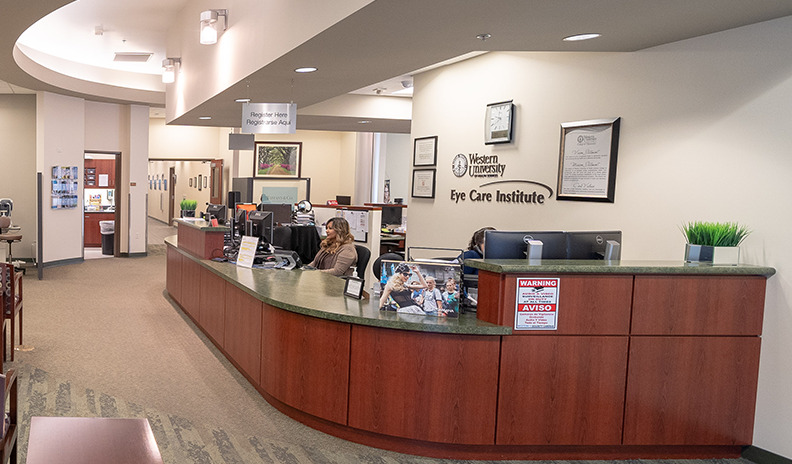 A reception area in a medical office - WesternU Health Eye Care Institute.