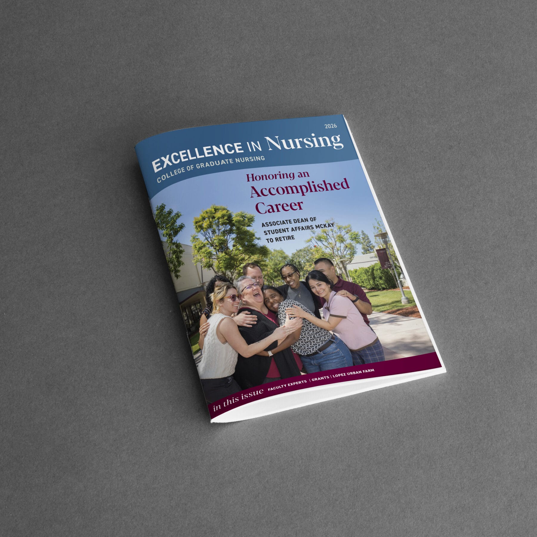 Magazine titled "Excellence in Nursing" featuring a group of people embracing outside, with the headline "Honoring an Accomplished Career" on the cover.