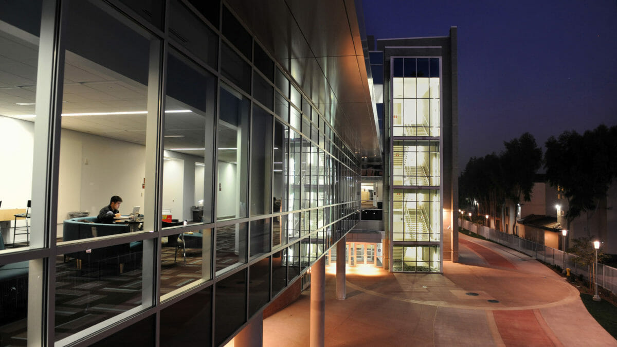 The Health Education Center (HEC) and Esplanade at dusk, Thursday Jan. 7, 2010. The new 180,000-square-foot HEC building on the campus of Western University of Health Sciences in Pomona opened for classes Jan. 4.