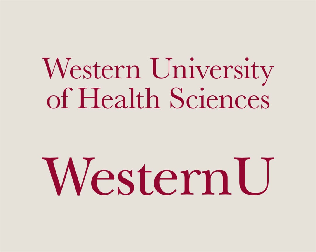 Logo for Western University of Health Sciences, featuring the text "Western University of Health Sciences" above "WesternU" in red lettering on a light background.