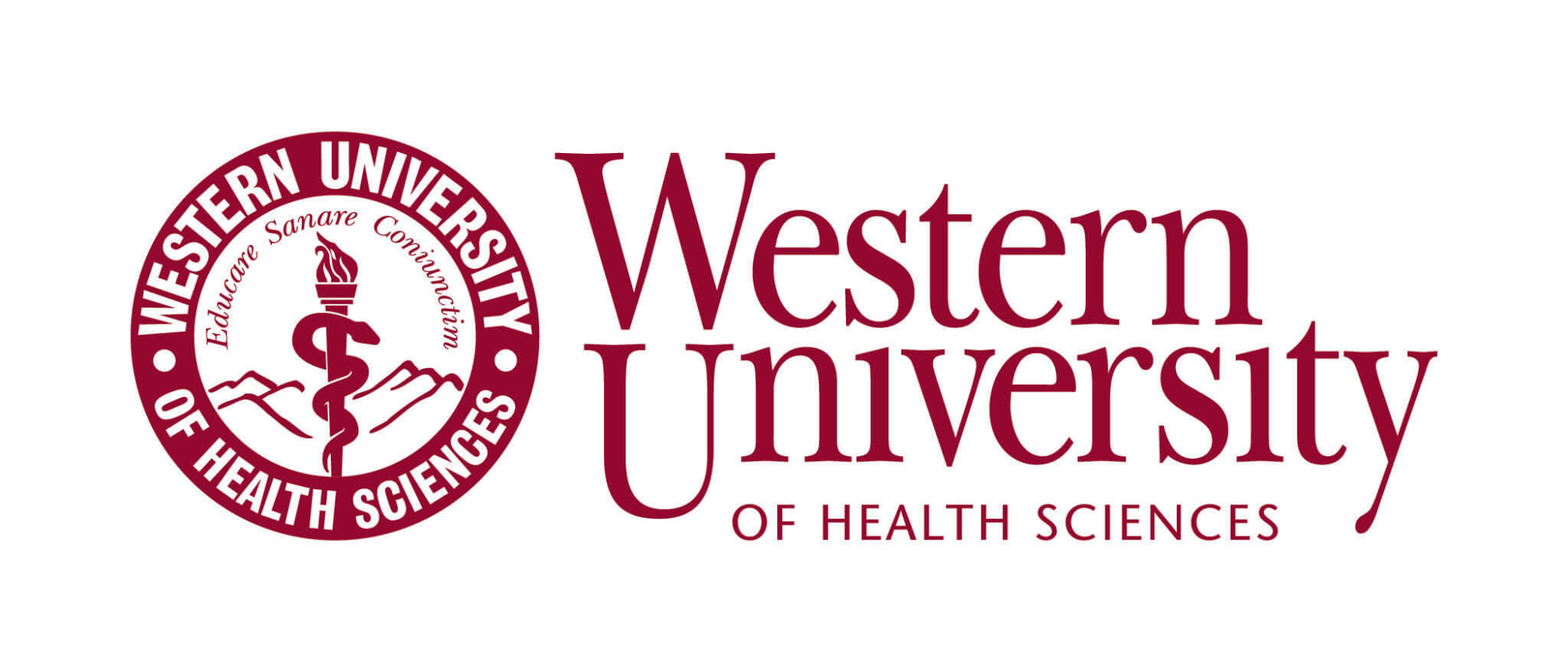 Logo for Western University of Health Sciences, featuring the university’s name and a circular emblem with a torch, mountains, and the motto “Educare, Sanare, Coniunctim.”.