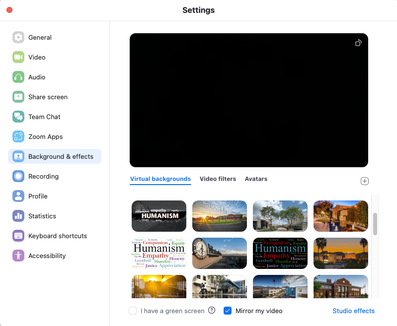 A screenshot of a settings window showing options for virtual backgrounds, video filters, and avatars. Two rows of selectable background images are visible, with a black preview screen above them.