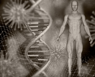 A grayscale illustration features a human figure beside a DNA strand and virus-like structures, set against a scientific-themed background.