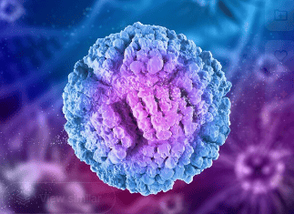 A close-up of a colorful, textured 3D model of a virus or cell, with a purple and blue gradient, set against a blurred background.