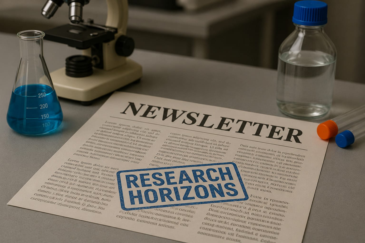 A newsletter titled "Research Horizons" sits on a lab table next to a microscope, blue liquid in a flask, a clear bottle, and two test tubes.