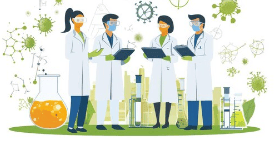Illustration of four scientists in lab coats and goggles discussing findings, with chemical structures and lab equipment in the background.