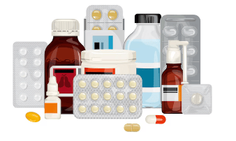 Various medicine forms, including bottles, blister packs, tablets, and capsules, are grouped together.