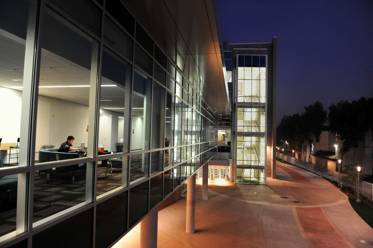 Exterior photo of HEC at night