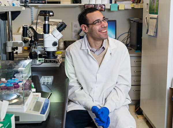 Second-year COMP student Fady Guirguis was selected as a fellow for the NIH Medical Research Scholars Program (MRSP). He is the first WesternU student (and the second DO student in the country) to be selected for this program. COMP Assistant Professor Sebastian Fuchs, MD, PhD, left, and COMP Associate Professor Hendrik Szurmant, PhD, helped Fady prepare for the MRSP interview. Szurmant runs the Biomedical and Clinical Research Track (one of the Longitudinal Tracks) in COMP. (Jeff Malet, WesternU)