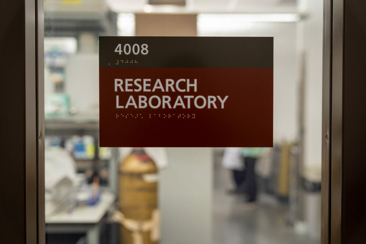 Photo of Room 4008 labeled, "Research Laboratory"