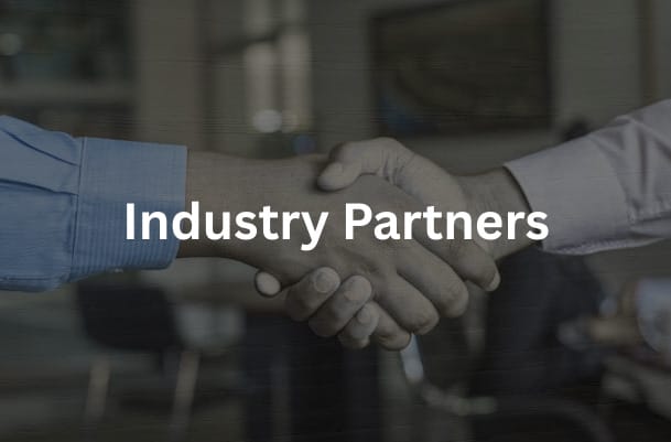 Two people in business attire shake hands, with the words "Industry Partners" overlaid on the image.