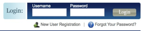 Login interface with fields for username and password. Includes links for new user registration and password recovery.