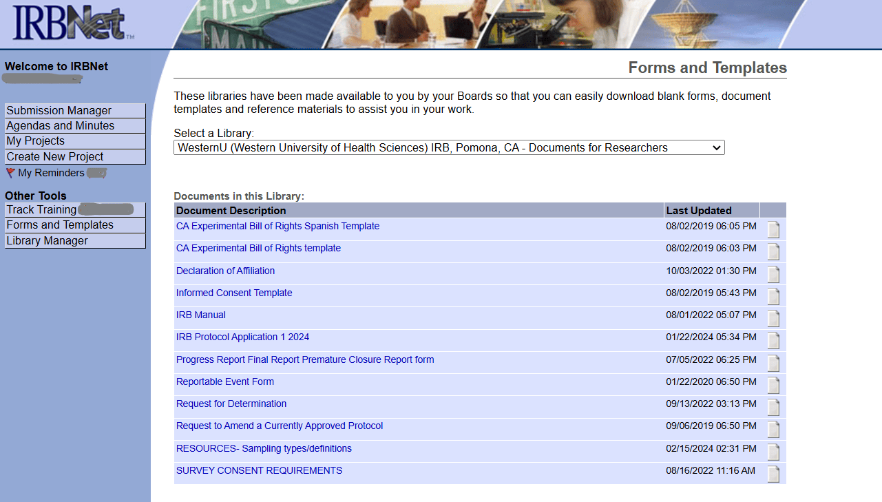 Screenshot of the IRBNet website showing a list of forms and templates related to research documentation, including titles, descriptions, and last updated dates.
