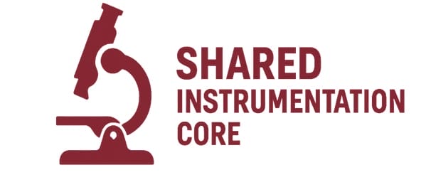 A maroon microscope icon next to the words "Shared Instrumentation Core" in capital letters on a white background.